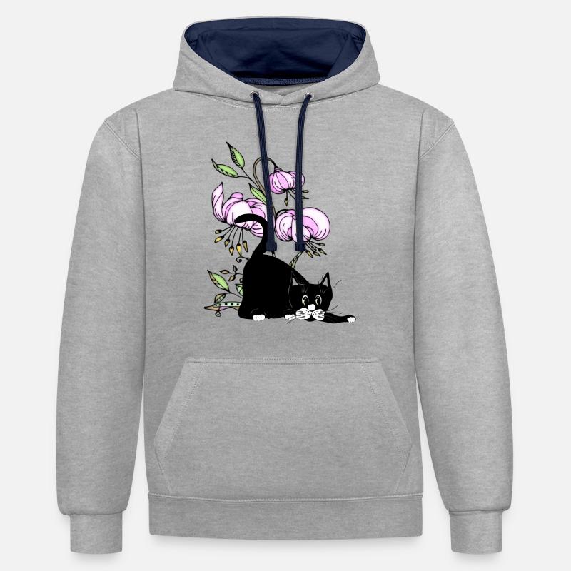 Chat - Sweat à capuche contrasté - gris chiné/bleu marine