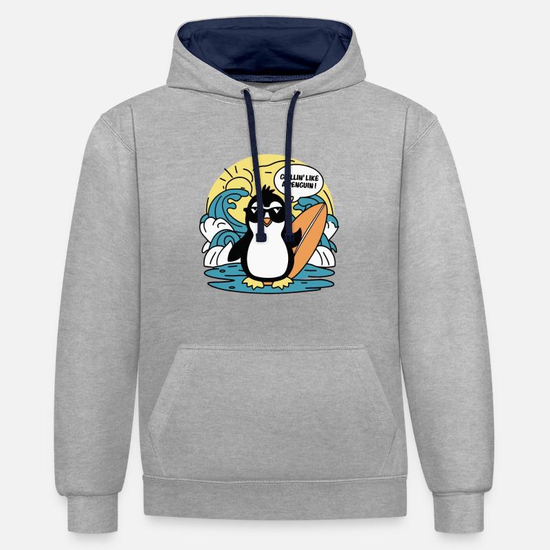 CHILLIN' COMME UN PINGOUIN - Sweat à capuche contrasté - gris chiné/bleu marine