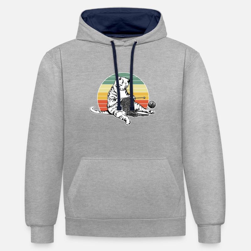 Mignon chat tricotant pyjama - Sweat à capuche contrasté - gris chiné/bleu marine
