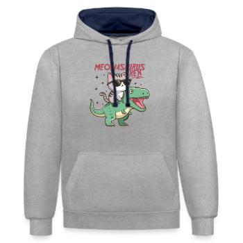 Chaton Cool sur T-Rex Drôle Tendance Dinosaure - Sweat à capuche contrasté - gris chiné/bleu marine - Devant - Liana (172cm) & Jaron (178cm)