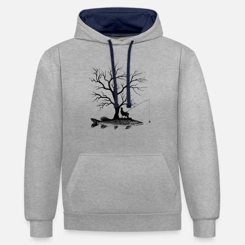 Arbre graphique - Poisson Grand Brochet - Sweat à capuche contrasté - gris chiné/bleu marine