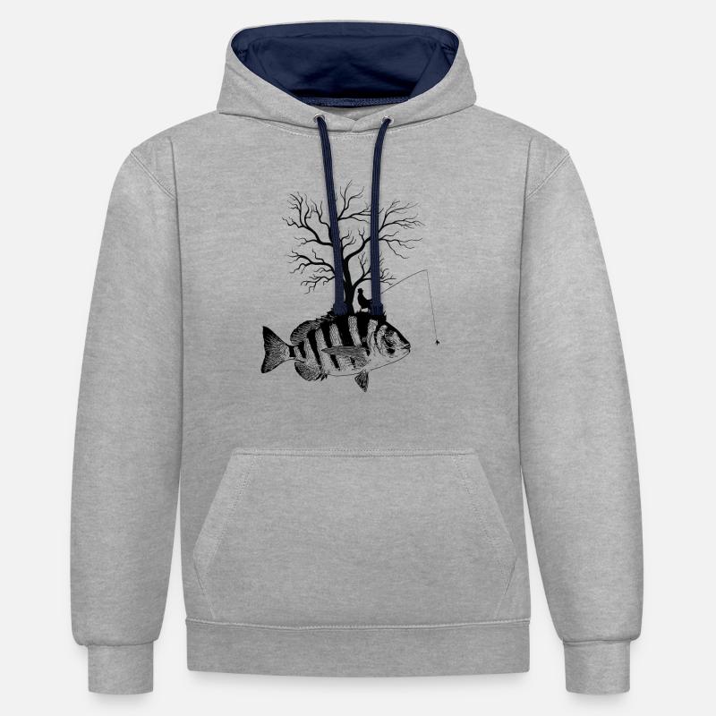Arbre graphique - Fish Shepherd’s Head - Sweat à capuche contrasté - gris chiné/bleu marine