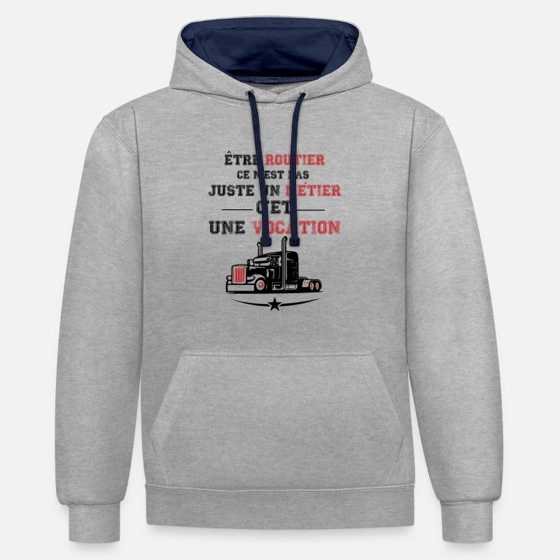 Routier vocation, cadeau chauffeur routier - Sweat à capuche contrasté - gris chiné/bleu marine
