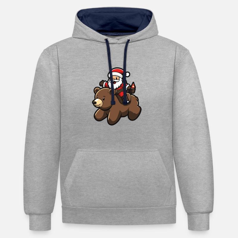 Ours Père Noël Dessin animé - Sweat à capuche contrasté - gris chiné/bleu marine