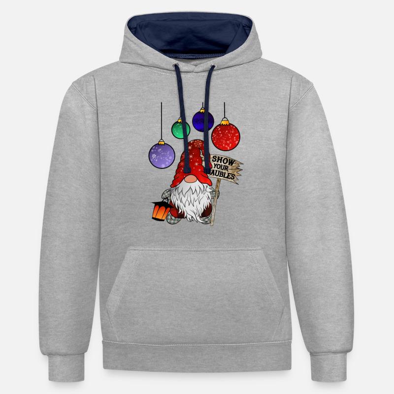 Gnome Noël Nain Joyeux Noël - Sweat à capuche contrasté - gris chiné/bleu marine
