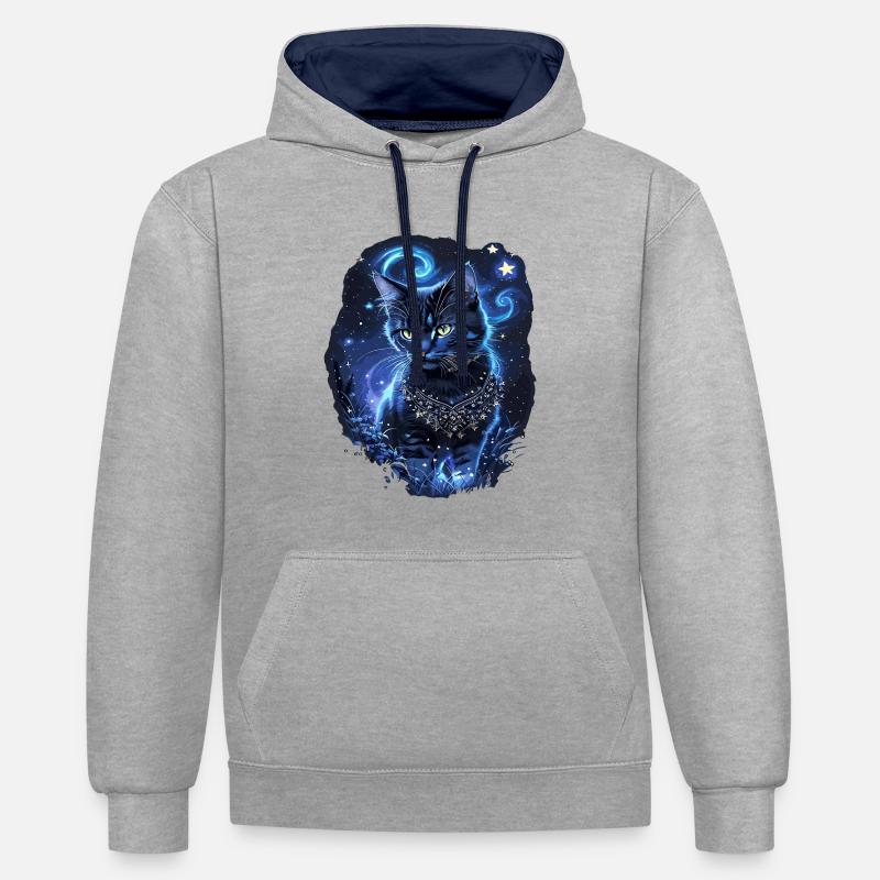 Chat noir enchanteur - Sweat à capuche contrasté - gris chiné/bleu marine