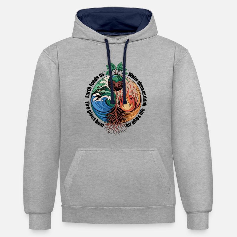 Vier-Elemente-Baum - Erde, Wasser, Feuer, Luft - Kontrast-Hoodie - Grau meliert/Navy