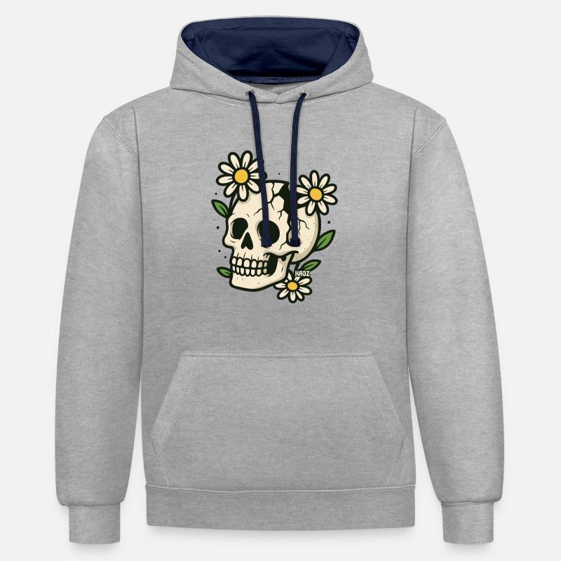 Crâne avec couronne de fleurs - Sweat à capuche contrasté - gris chiné/bleu marine