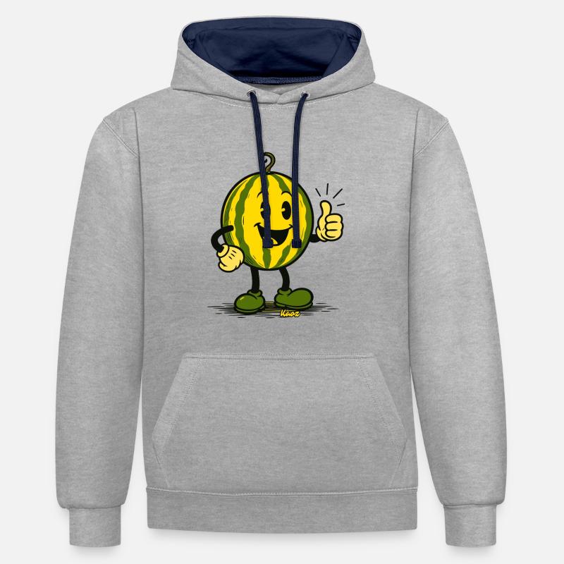 Dessin animé joyeux de pastèque - Sweat à capuche contrasté - gris chiné/bleu marine