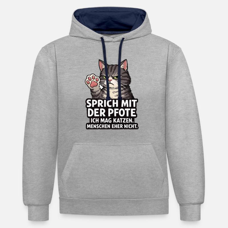 Parle à la Patte – Chat Grognon - Sweat à capuche contrasté - gris chiné/bleu marine