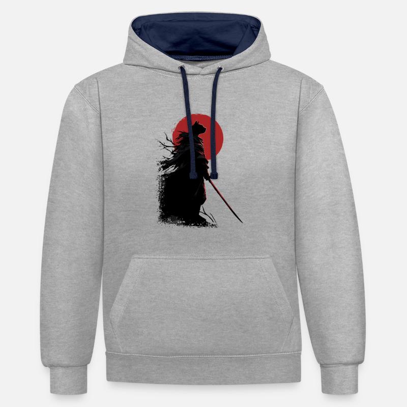 Chat samouraï - Sweat à capuche contrasté - gris chiné/bleu marine