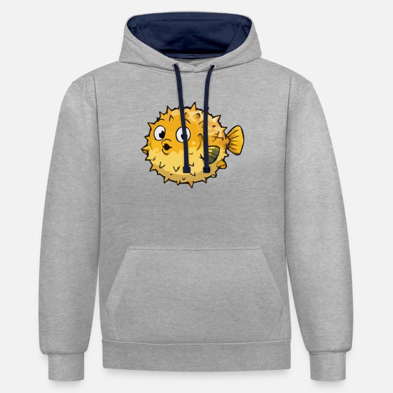 Dessin animé sphérique du poisson-globe - Sweat à capuche contrasté - gris chiné/bleu marine