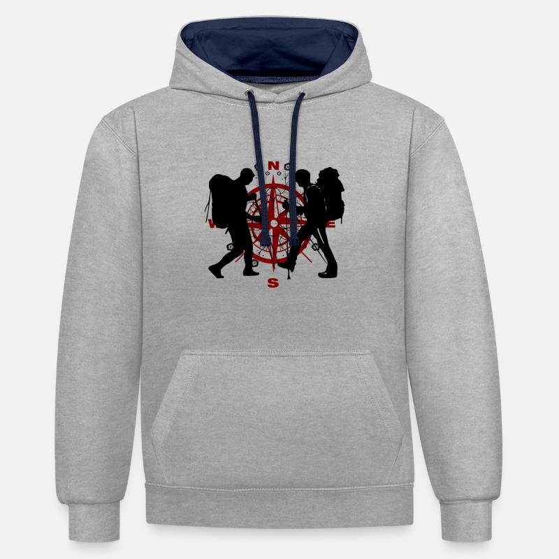 Randonnée, boussole - Sweat à capuche contrasté - gris chiné/bleu marine