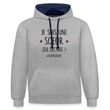 je suis une soeur qui dechire, super soeur - Sweat à capuche contrasté - gris chiné/bleu marine - Devant - Liana (172cm) & Jaron (178cm)