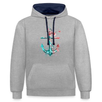 Anker Aquarell Splash Bunt Kunst Matrose Seemann - Kontrast-Hoodie - Grau meliert/Navy - Vorne - Liana (172cm) & Jaron (178cm)