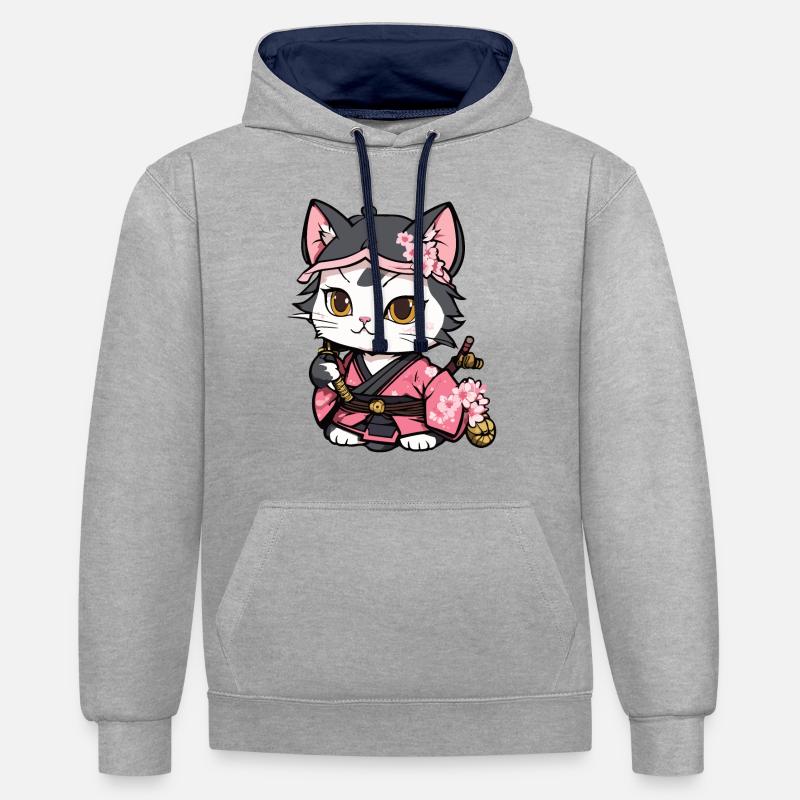 Samurai Katze & Kirschblüten #12 - Kontrast-Hoodie - Grau meliert/Navy
