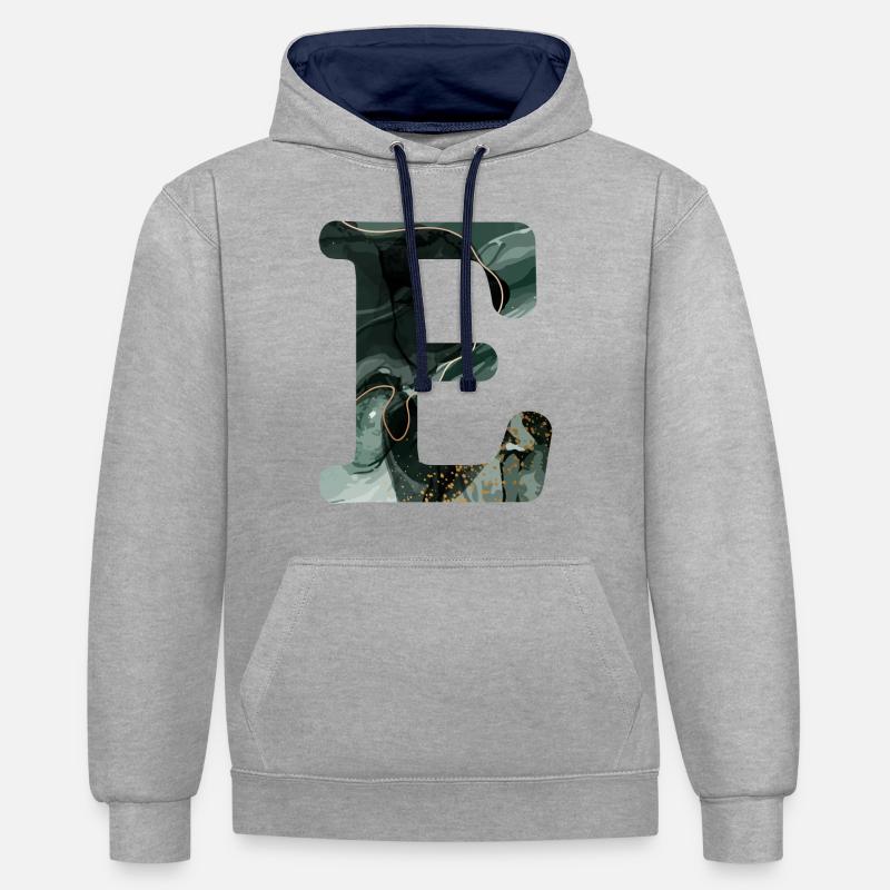 Lettre e marbré vert - Sweat à capuche contrasté - gris chiné/bleu marine