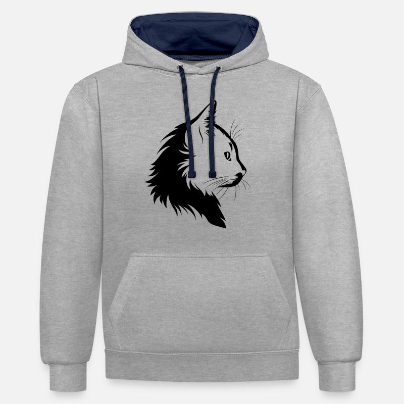 Chat, Motif De Chat - Sweat à capuche contrasté - gris chiné/bleu marine
