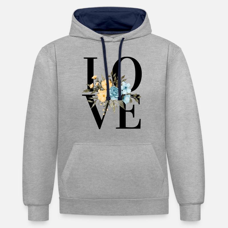 Fleurs d’amour - Sweat à capuche contrasté - gris chiné/bleu marine