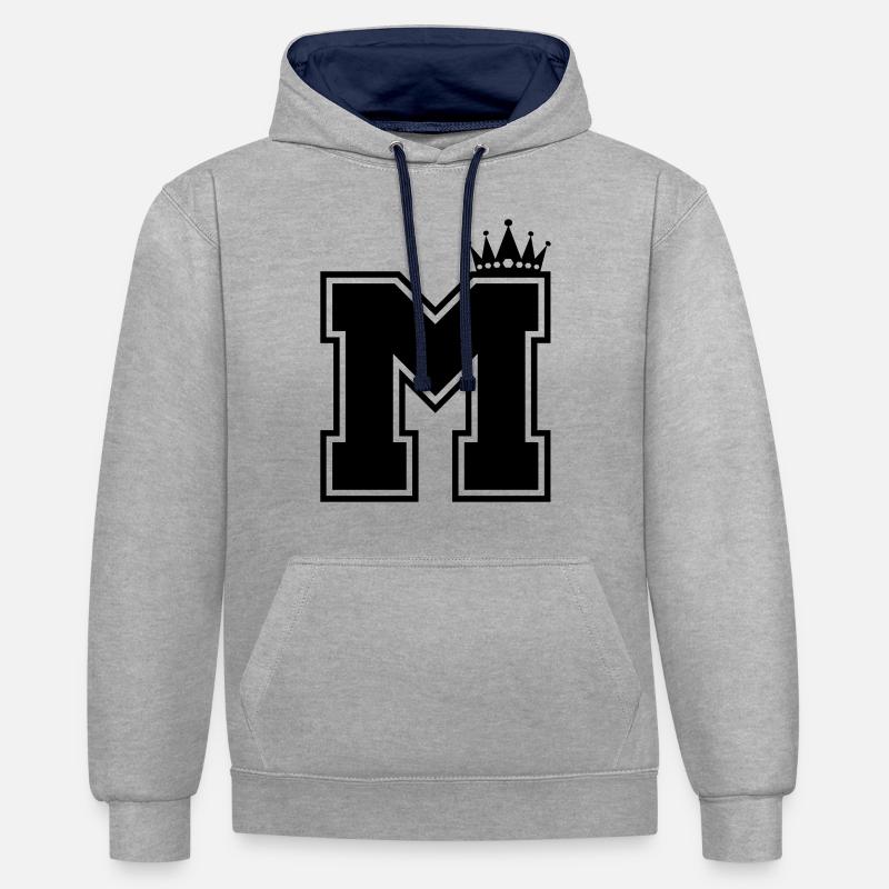 lettre M couronne - Sweat à capuche contrasté - gris chiné/bleu marine