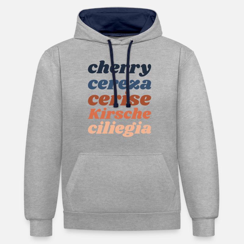 « Cherry » - lettrage en 5 langues - Sweat à capuche contrasté - gris chiné/bleu marine