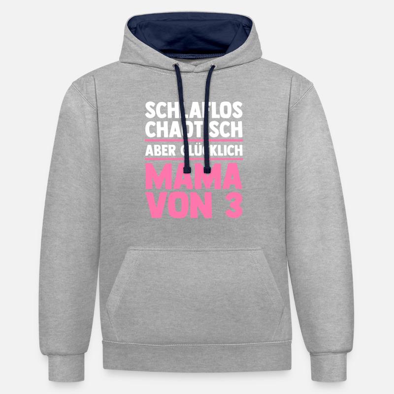 Maman de 3 enfants - Sweat à capuche contrasté - gris chiné/bleu marine