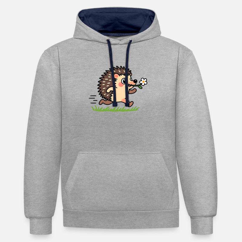 Hérisson avec une fleur - Sweat à capuche contrasté - gris chiné/bleu marine