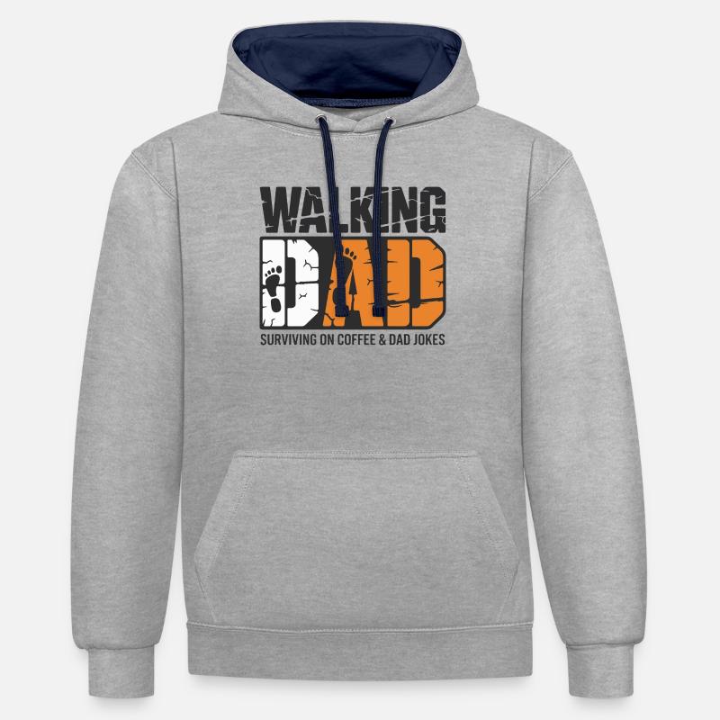 Papa en mouvement : café et blagues - Sweat à capuche contrasté - gris chiné/bleu marine