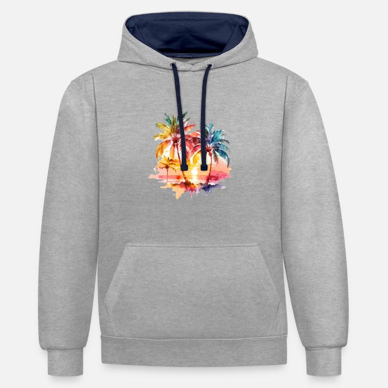 palmier de plage - Sweat à capuche contrasté - gris chiné/bleu marine