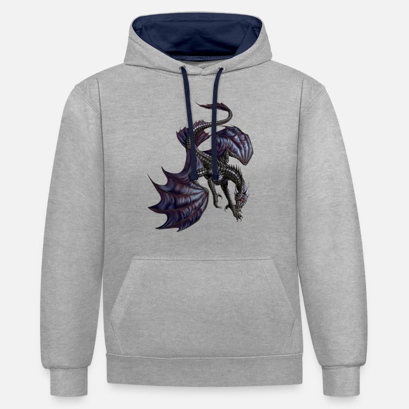 Schwarzer Drache - Kontrast-Hoodie - Grau meliert/Navy