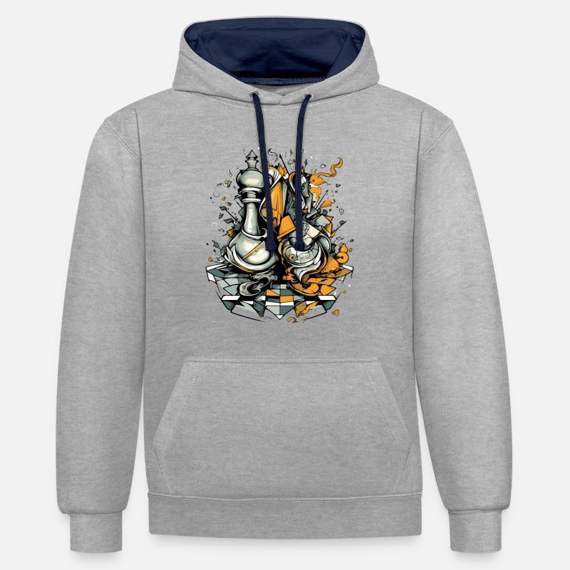 Echecs abstraits - Sweat à capuche contrasté - gris chiné/bleu marine