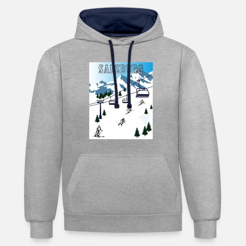 SKI SALZBOURG - Sweat à capuche contrasté - gris chiné/bleu marine