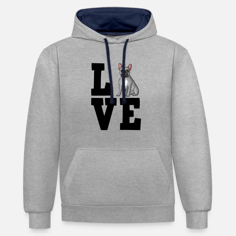 Français Bulldog - Sweat à capuche contrasté - gris chiné/bleu marine