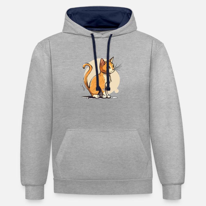 Dessin animé de chat mignon - Sweat à capuche contrasté - gris chiné/bleu marine