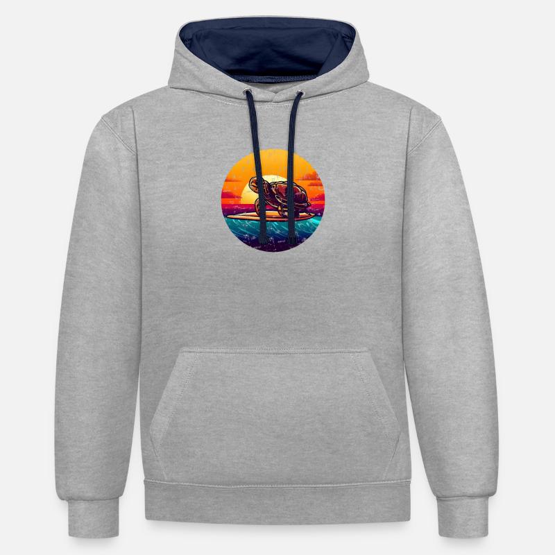 Turtle on surfboard Sunset - Contrast hoodie - heather grey/navy