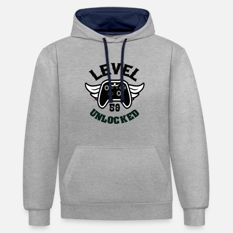 Niveau 59 Débloqué 59 Anniversaire - Sweat à capuche contrasté - gris chiné/bleu marine