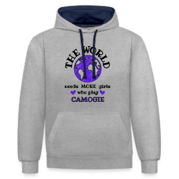 Le monde a besoin de plus de filles qui jouent au camogie. - Sweat à capuche contrasté - gris chiné/bleu marine - Devant - Liana (172cm) & Jaron (178cm)