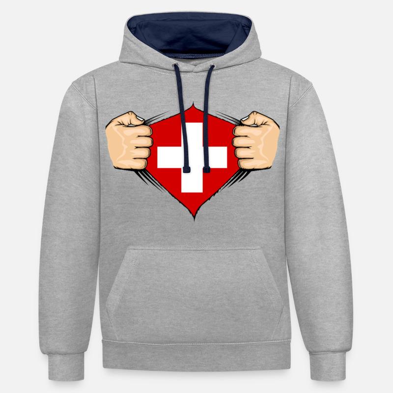 Conception du drapeau suisse - Sweat à capuche contrasté - gris chiné/bleu marine