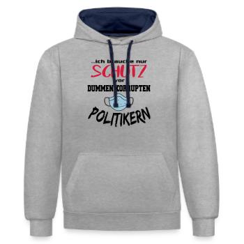 Politik Maskenpflicht Dumme Politiker - Kontrast-Hoodie - Grau meliert/Navy - Vorne - Liana (172cm) & Jaron (178cm)
