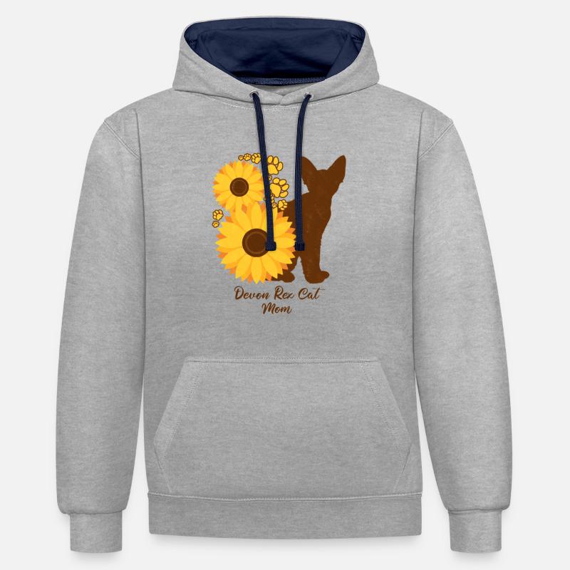 Mère tournesol - Devon Rex Chat - Sweat à capuche contrasté - gris chiné/bleu marine