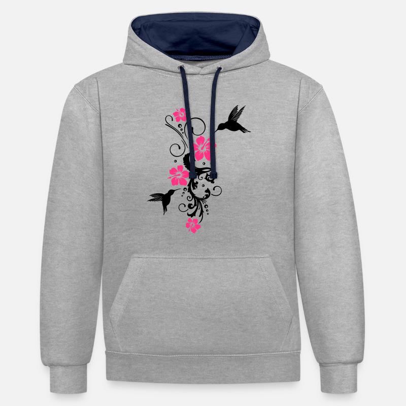 Colibri avec des fleurs d'hibiscus - Sweat à capuche contrasté - gris chiné/bleu marine