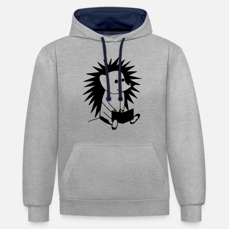 Igel liest Buch Illustration Geschenk - Kontrast-Hoodie - Grau meliert/Navy