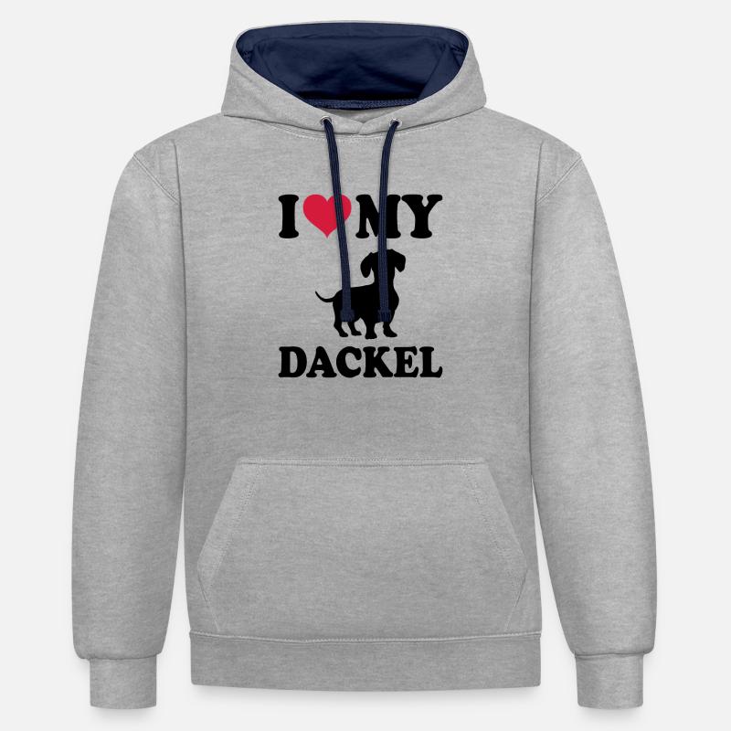 Teckel à poil dur - Sweat à capuche contrasté - gris chiné/bleu marine