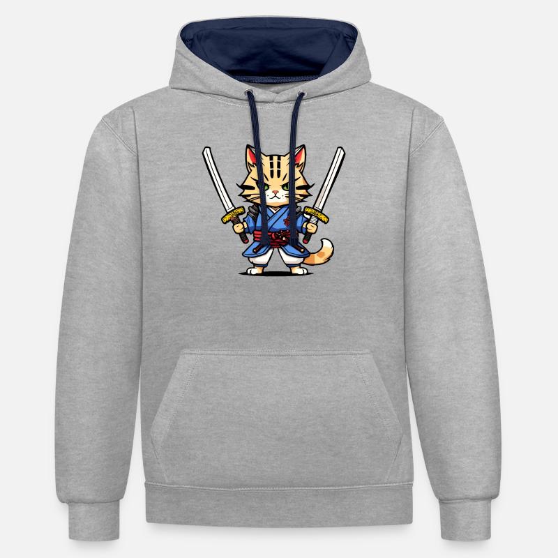 Chat samouraï #30 - Sweat à capuche contrasté - gris chiné/bleu marine