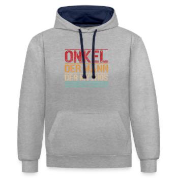 Onkel der Mann der Mythos der schlechte Einfluss - Kontrast-Hoodie - Grau meliert/Navy - Vorne - Liana (172cm) & Jaron (178cm)