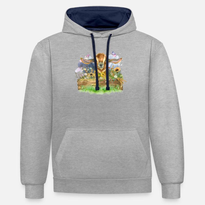 Aquarelle de chèvre - Sweat à capuche contrasté - gris chiné/bleu marine