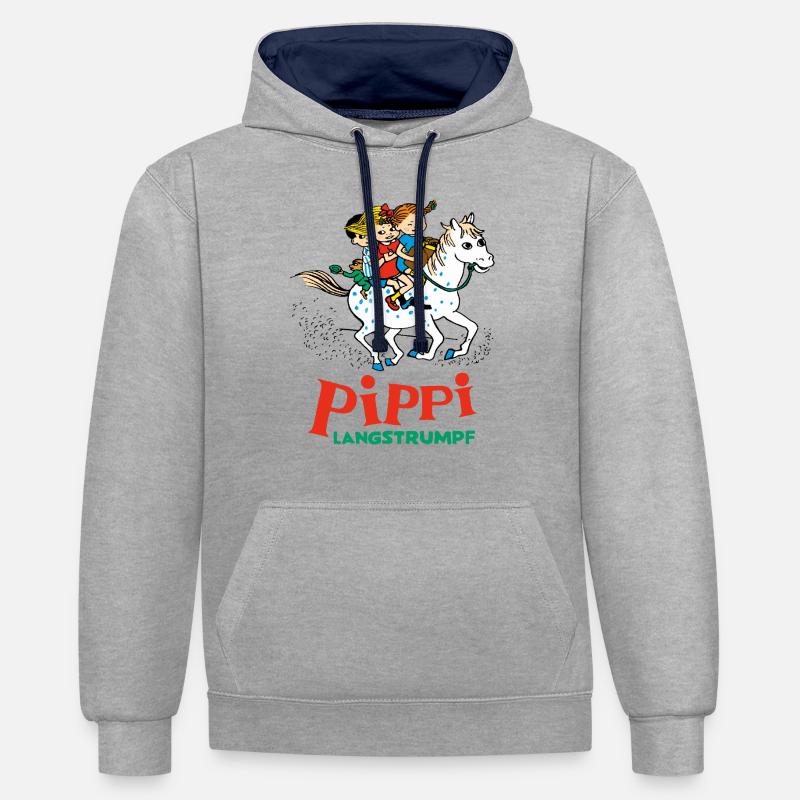 Pippi Langstrømpe Rider Med Annika Og Tommy - Kontrast-hettegenser - gråmelert/marine