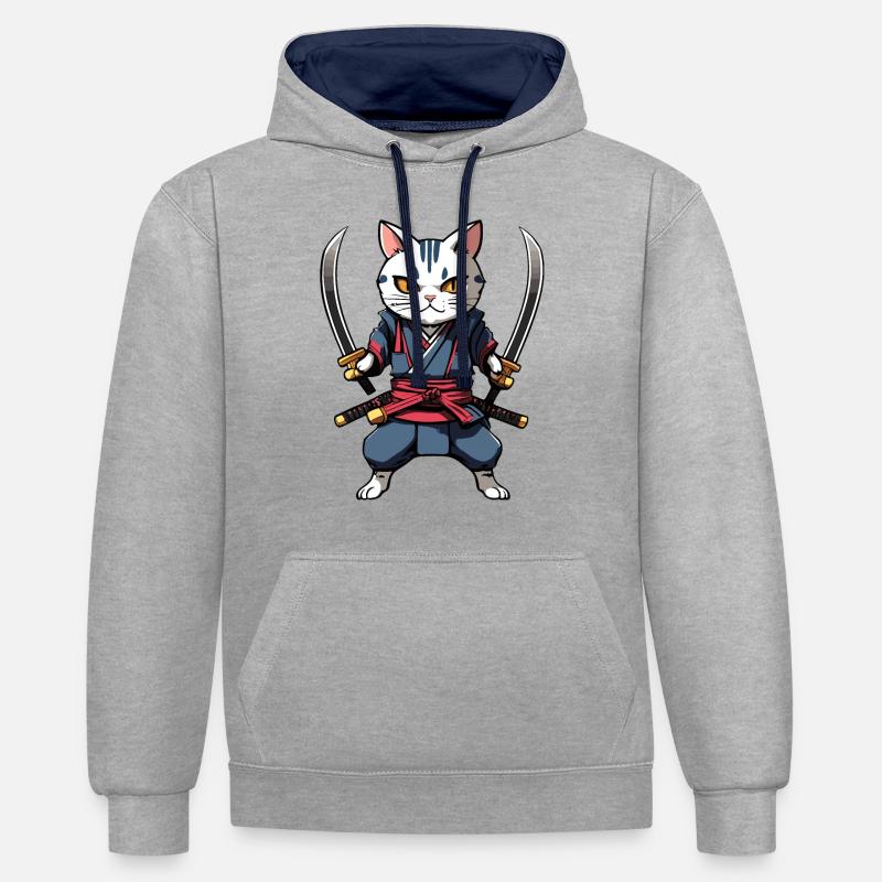 Chat samouraï #33 - Sweat à capuche contrasté - gris chiné/bleu marine