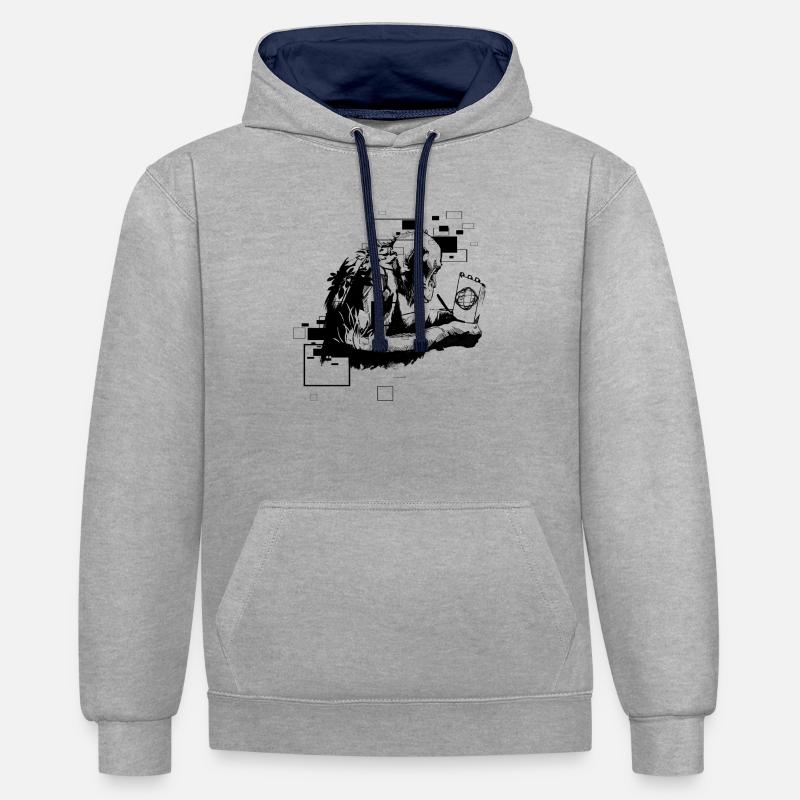 Singe et le monde - Sweat à capuche contrasté - gris chiné/bleu marine