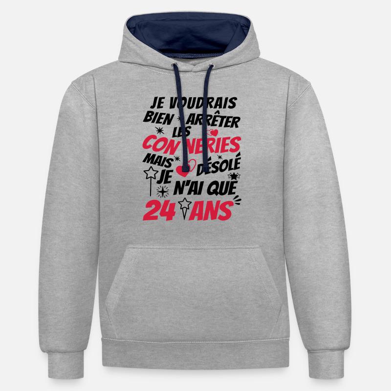 conneries 24 ans / cadeau anniversaire 24 ans - Sweat à capuche contrasté - gris chiné/bleu marine